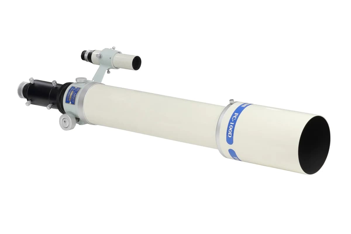 A white Takahashi FC-100DZ optical tube with finder against white.