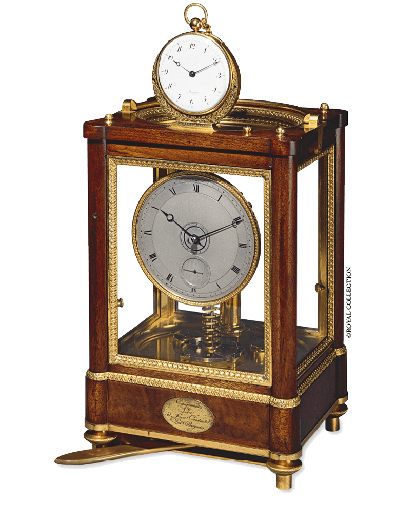 Breguet Sympathique clock number 666 with its pocket watch number 721 held in the cradle above the dial.