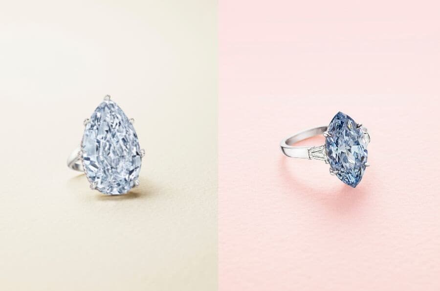 Two blue diamond rings presented side by side in Christie’s June 2026 results photograph.