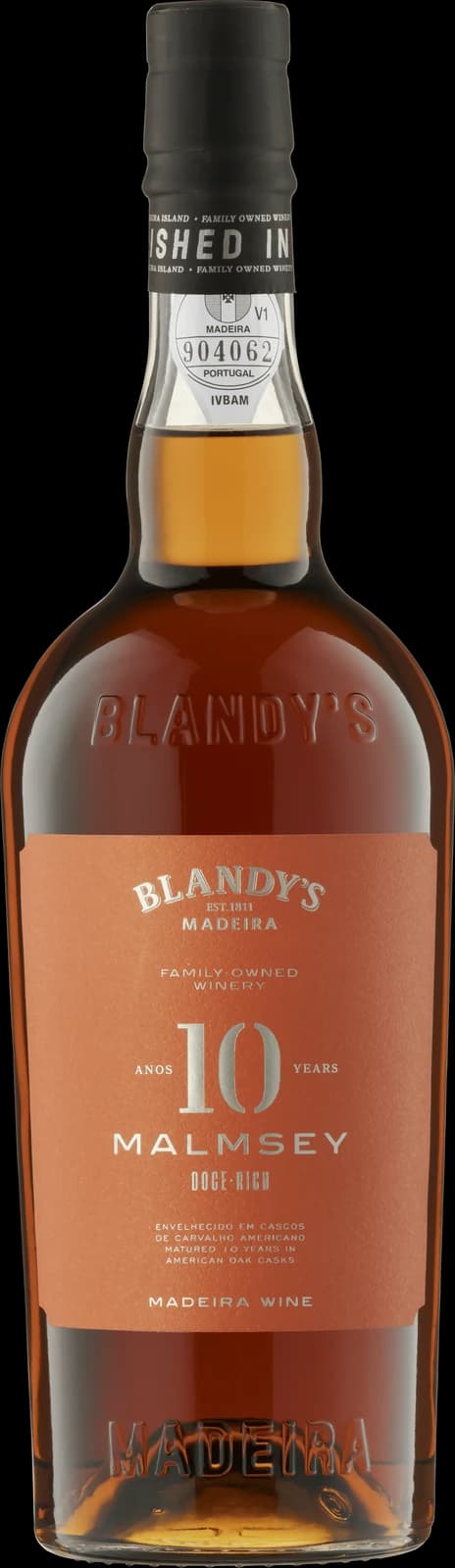 A clear bottle of Blandy’s 10 Year Old Malmsey Madeira with a warm coral label.