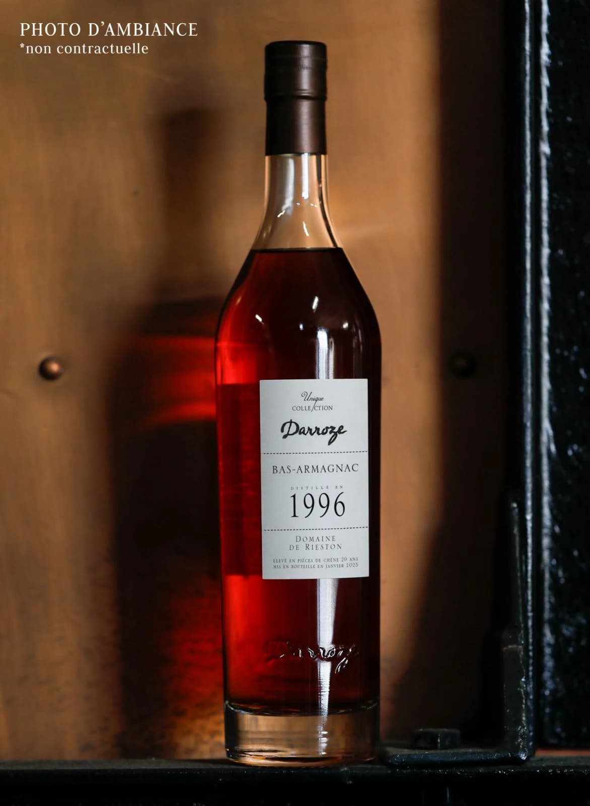 Darroze Domaine de Rieston 1996 Bas-Armagnac photographed against warm metal, with a dated label.
