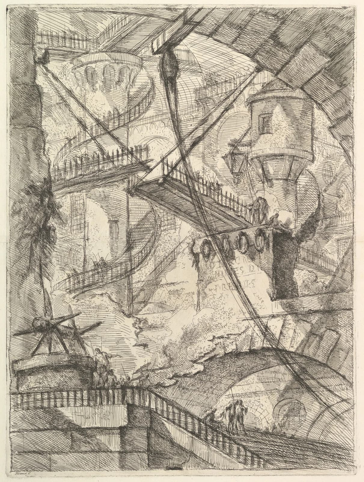 Piranesi’s Drawbridge print with vast arches, stairs, ropes and an imaginary prison interior.