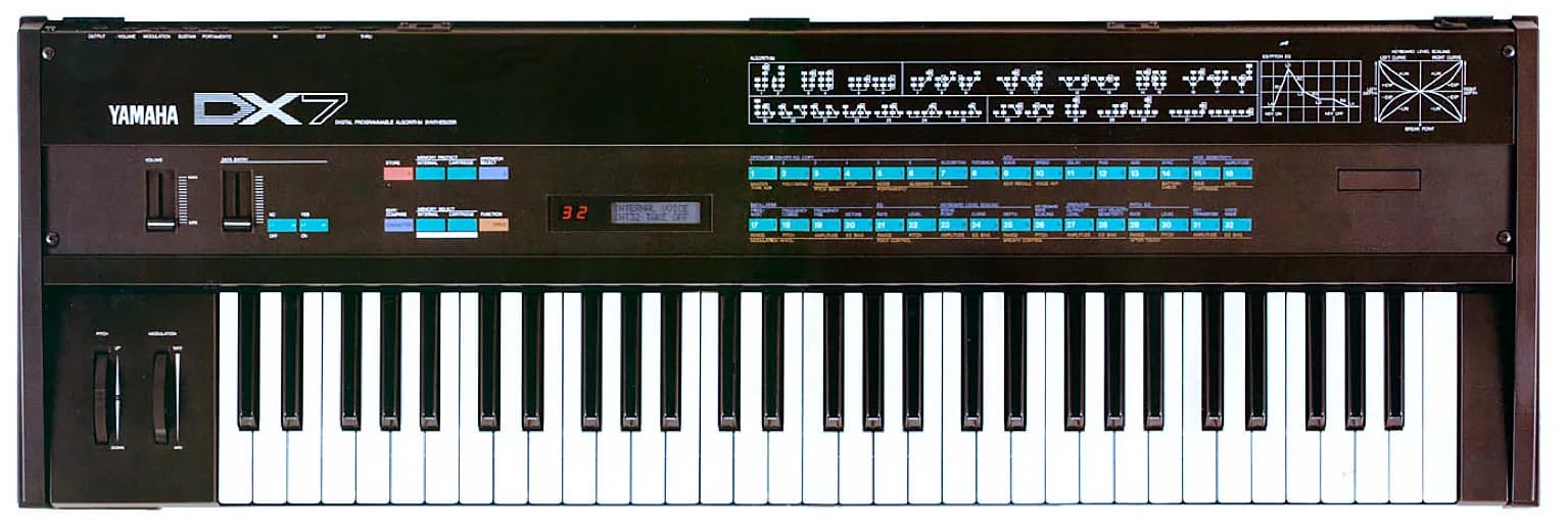A complete Yamaha DX7 synthesizer viewed from above, with black and white keys, turquoise controls and printed algorithms.