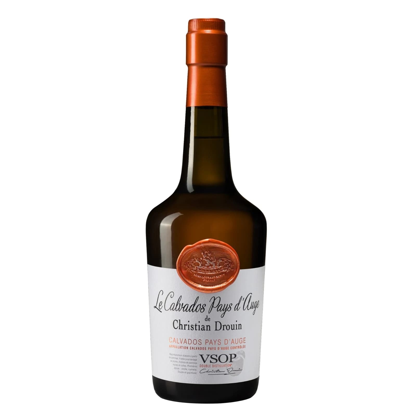 A Christian Drouin VSOP Calvados Pays d’Auge bottle with a copper-coloured closure and seal on a white studio background.