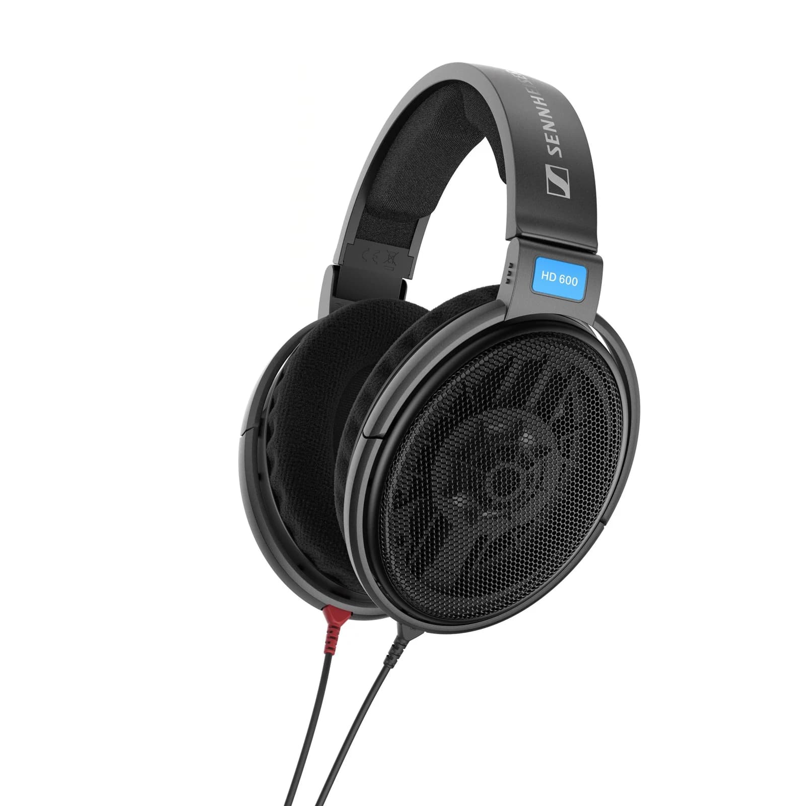 Sennheiser HD 600 open-back headphones in a three-quarter studio view, showing both cushioned ear cups and the padded headband.