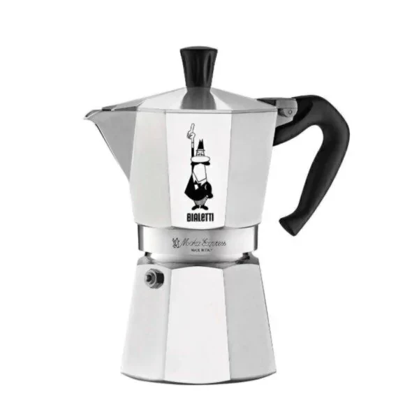 A six-cup aluminium Bialetti Moka Express with its black handle and octagonal body on a plain white studio background.
