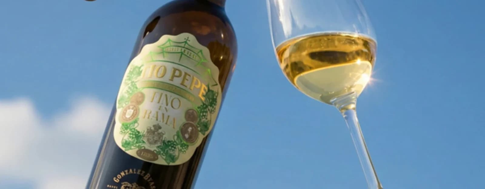 A close, tilted view of a Tío Pepe en Rama bottle beside a glass of pale sherry against a blue sky.
