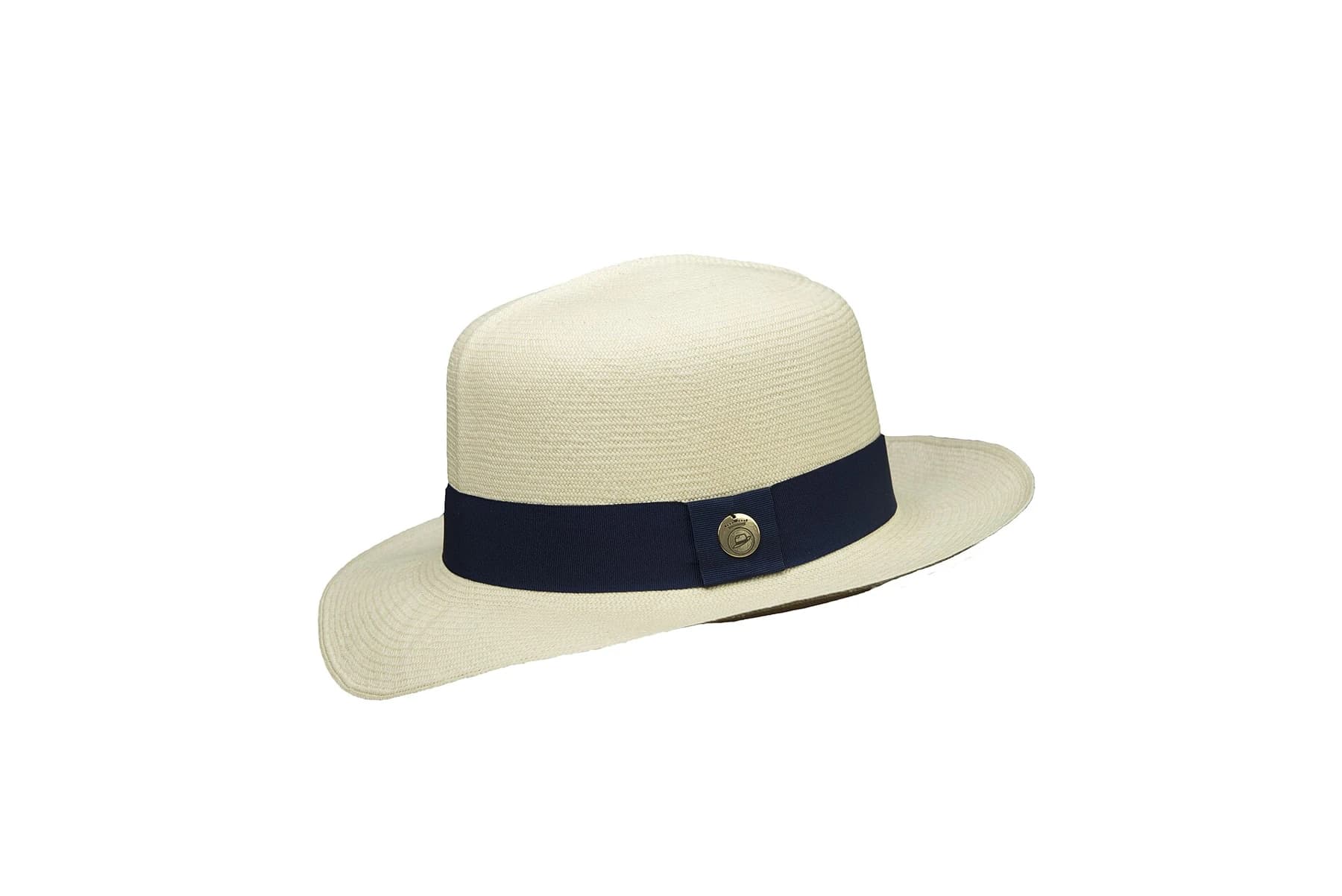 A pale woven straw hat with a dark ribbon and a central crown ridge, presented in side view against a clean white background.