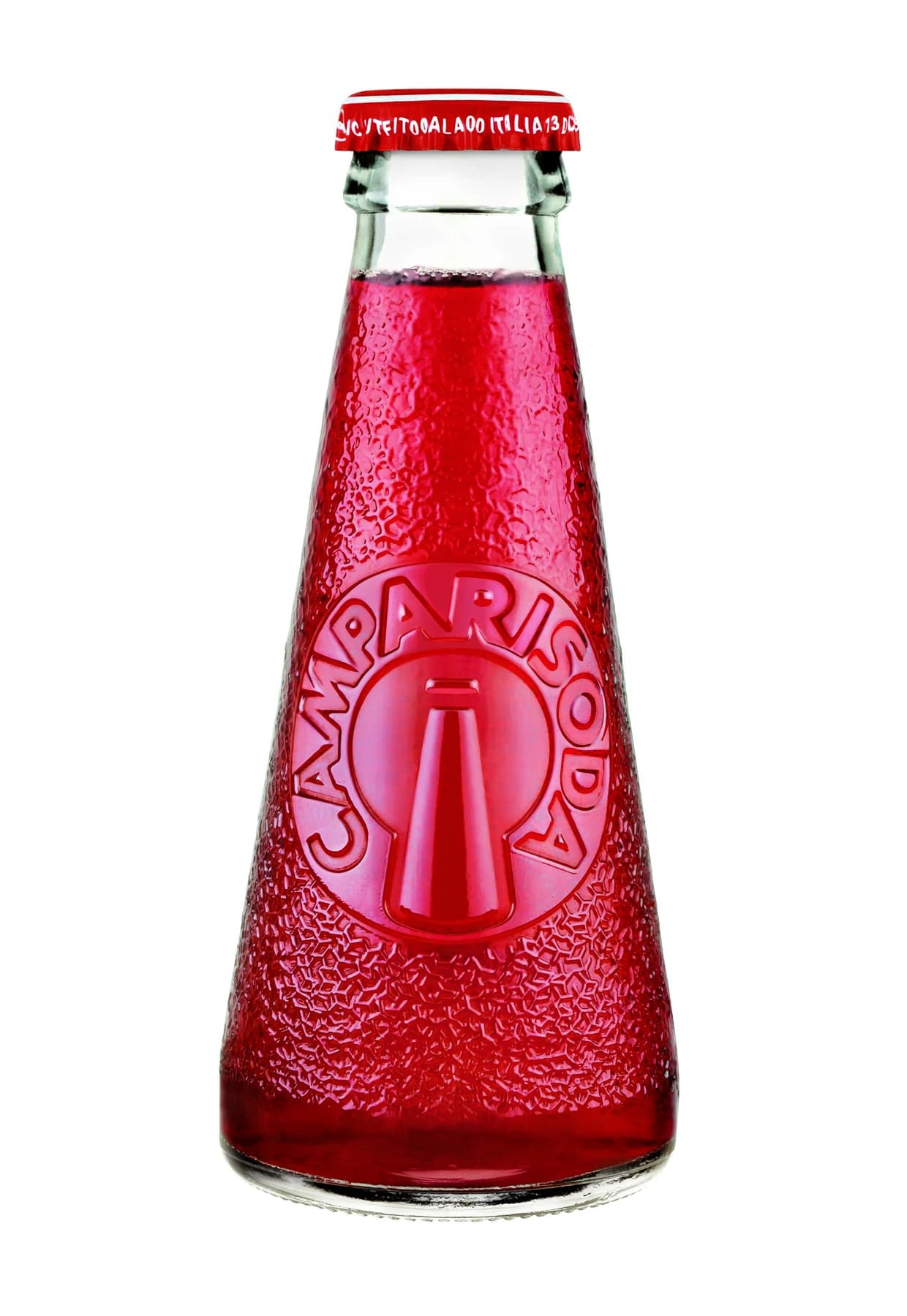 A small tapered Campari Soda bottle filled with red liquid, with textured embossed glass and a crown cap, isolated on a white background.