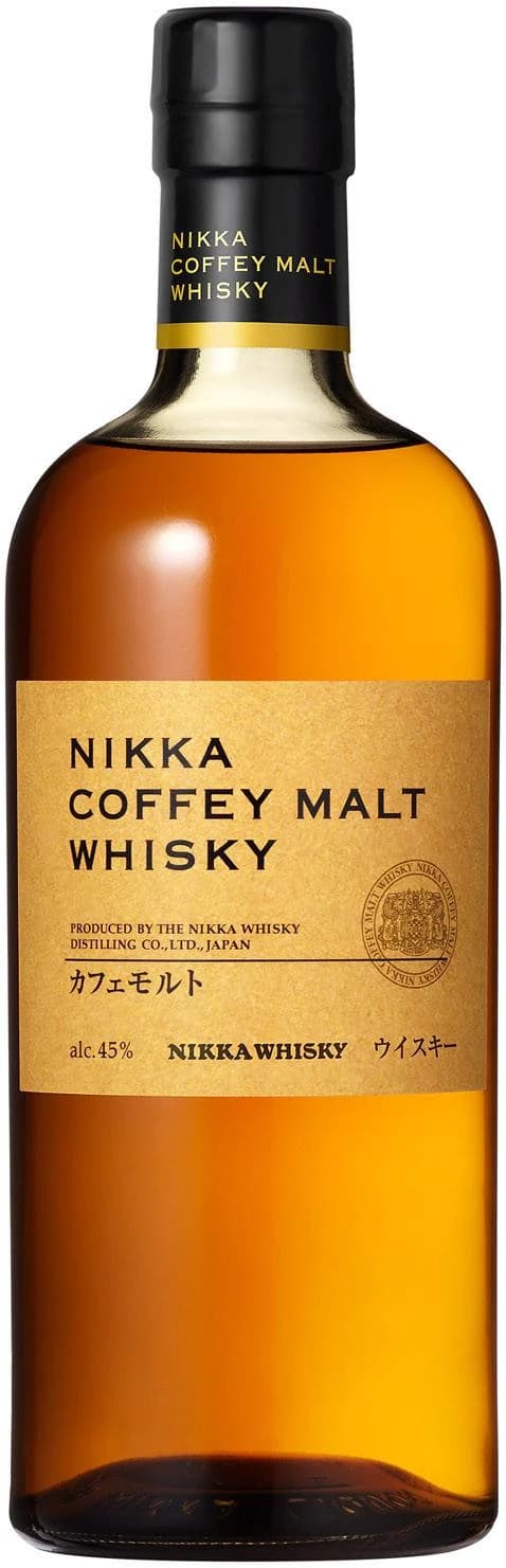 A complete Nikka Coffey Malt Whisky bottle with a gold paper label and black cap, from the distributor’s archival US-market product materials.
