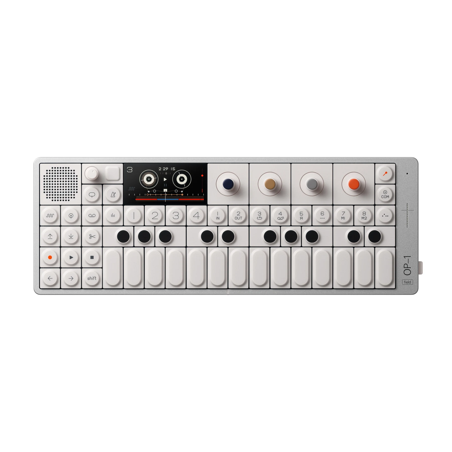 The complete silver OP–1 field synthesizer and recorder viewed from above, with a small keyboard, colour-coded knobs and a graphic display on white.