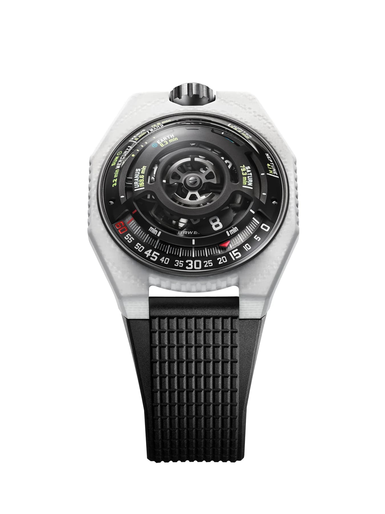 The complete white URWERK UR-100V LightSpeed Ceramic on a black strap, with its dark satellite-hour display and coloured planetary markers visible.