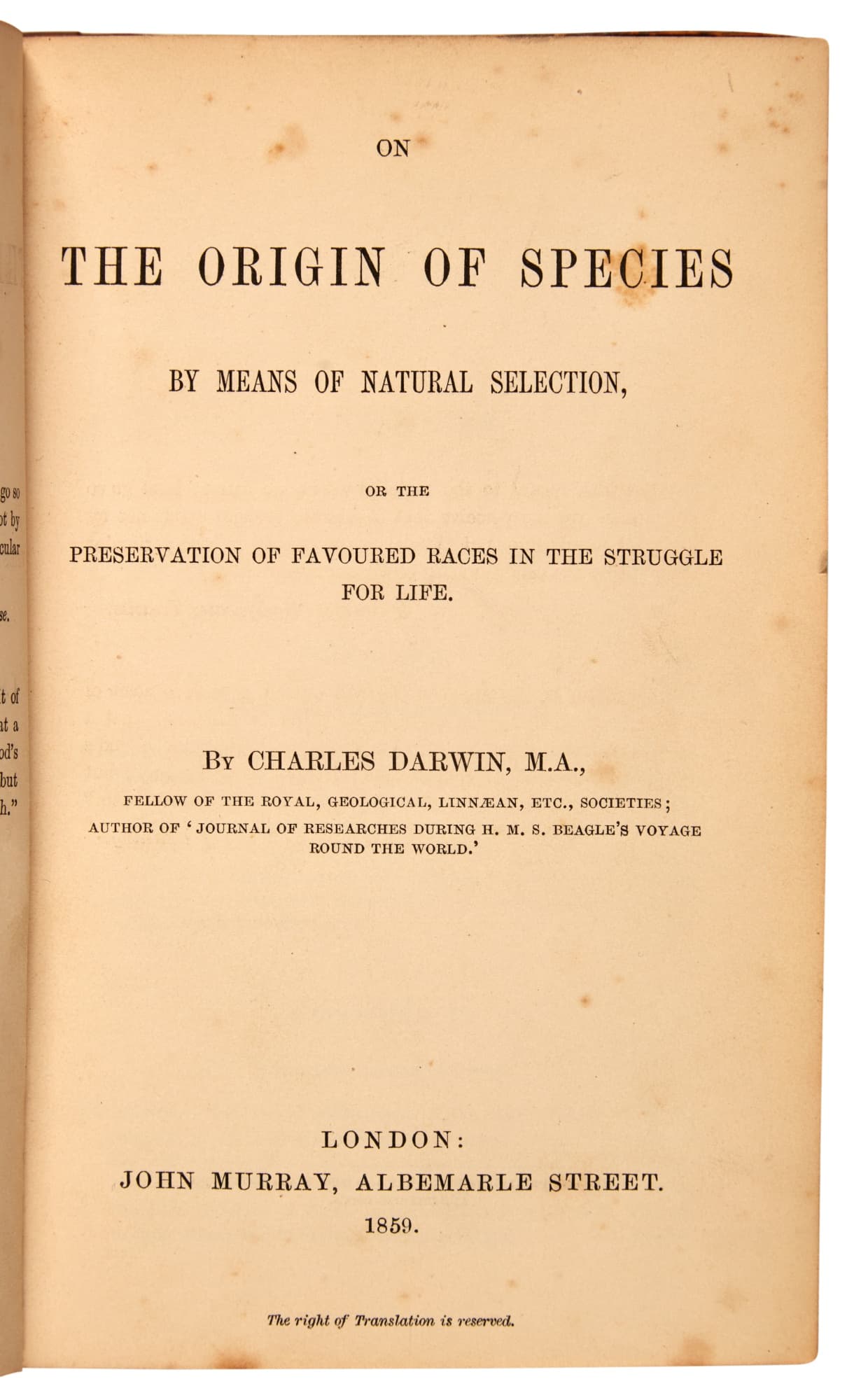 Title page of an 1859 first edition of Charles Darwin’s On the Origin of Species.