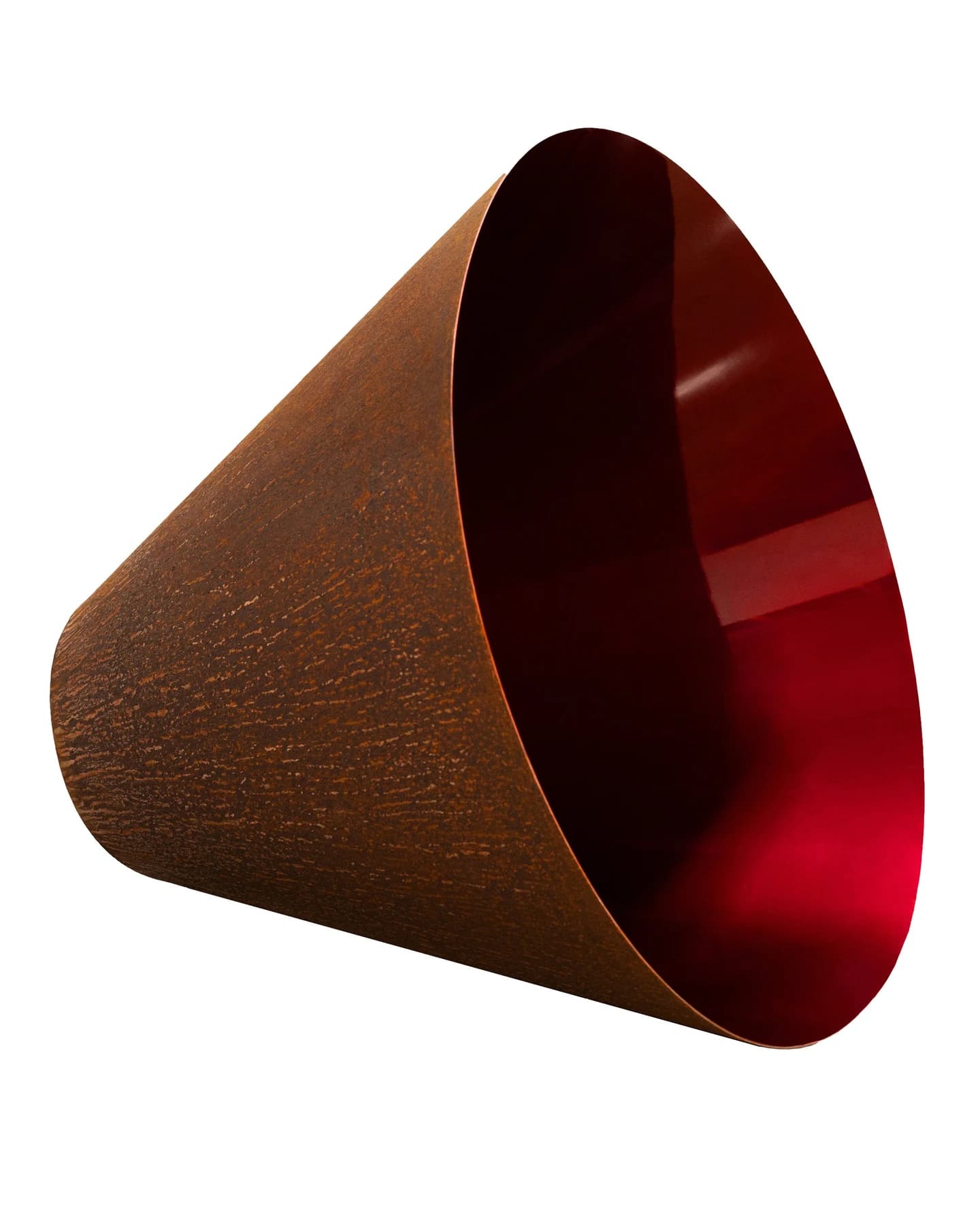 Jobe Burns’s Laying Vessel, a large tapering metal sculpture with a rust-coloured exterior and deep red interior, shown against white.