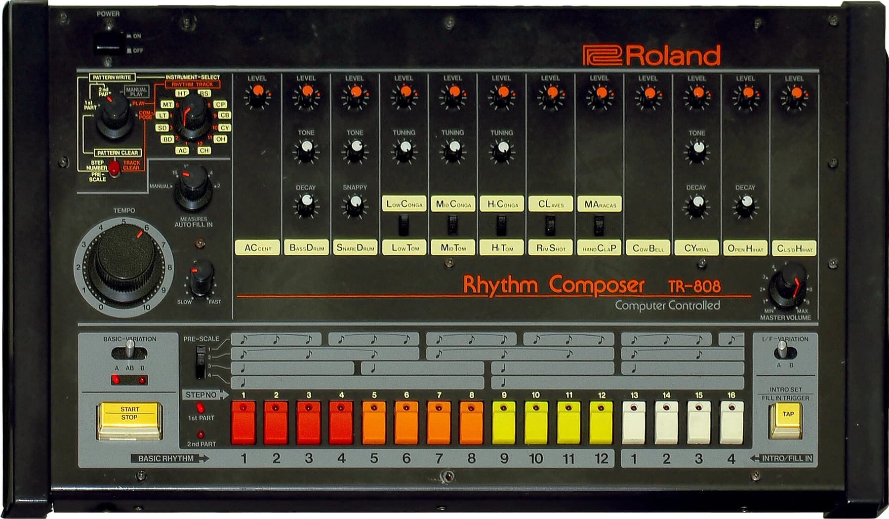 A Roland TR-808 Rhythm Composer seen from above, with its analogue voice controls, step buttons and orange lettering visible across the black panel.