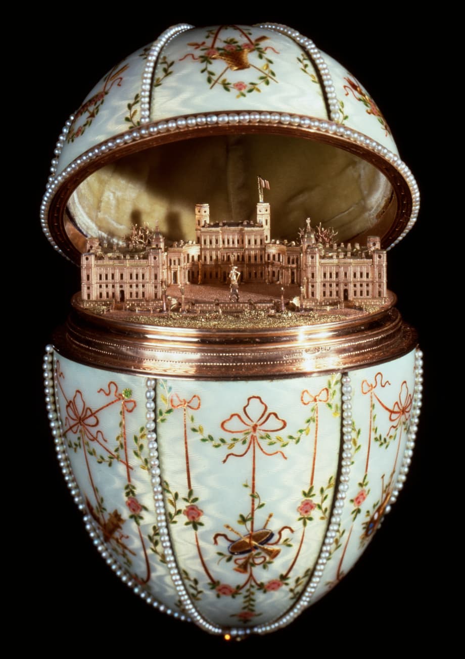 Fabergé’s open Gatchina Palace Egg, with a miniature gold palace inside the enamelled shell.