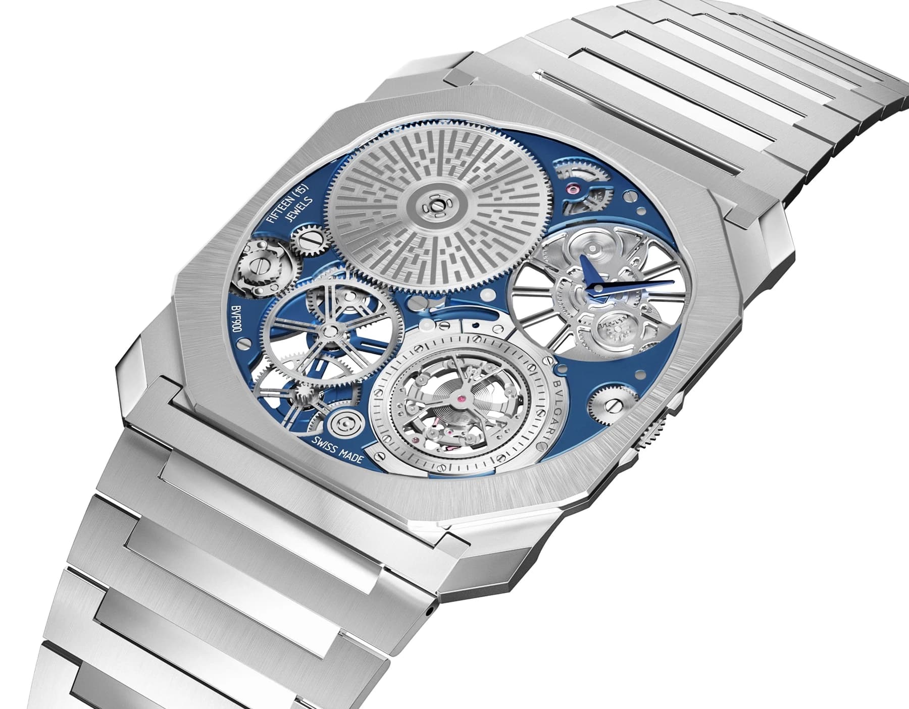 An angled close view of Bulgari’s 2026 platinum Octo Finissimo Ultra Tourbillon, showing the blue openworked movement, octagonal case and adjoining bracelet links.