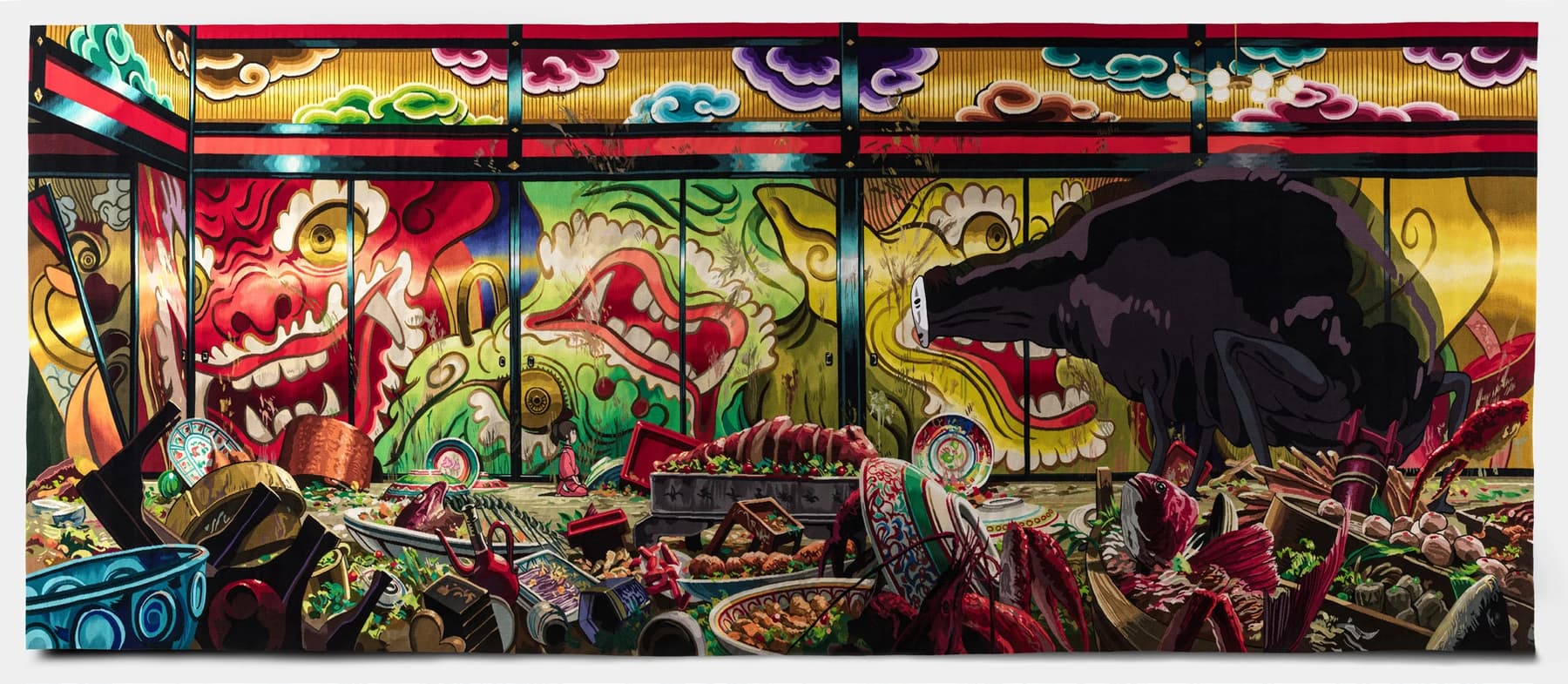 The complete wide Chihiro presented to No-Face tapestry, with brightly coloured banquet architecture, the small figure of Chihiro and the large dark No-Face figure on the right.