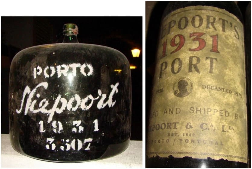 Two archival documentary views showing a dark Niepoort 1931 demijohn and the aged paper label of a 1931 Garrafeira bottle, preserving dates from its cellar history.