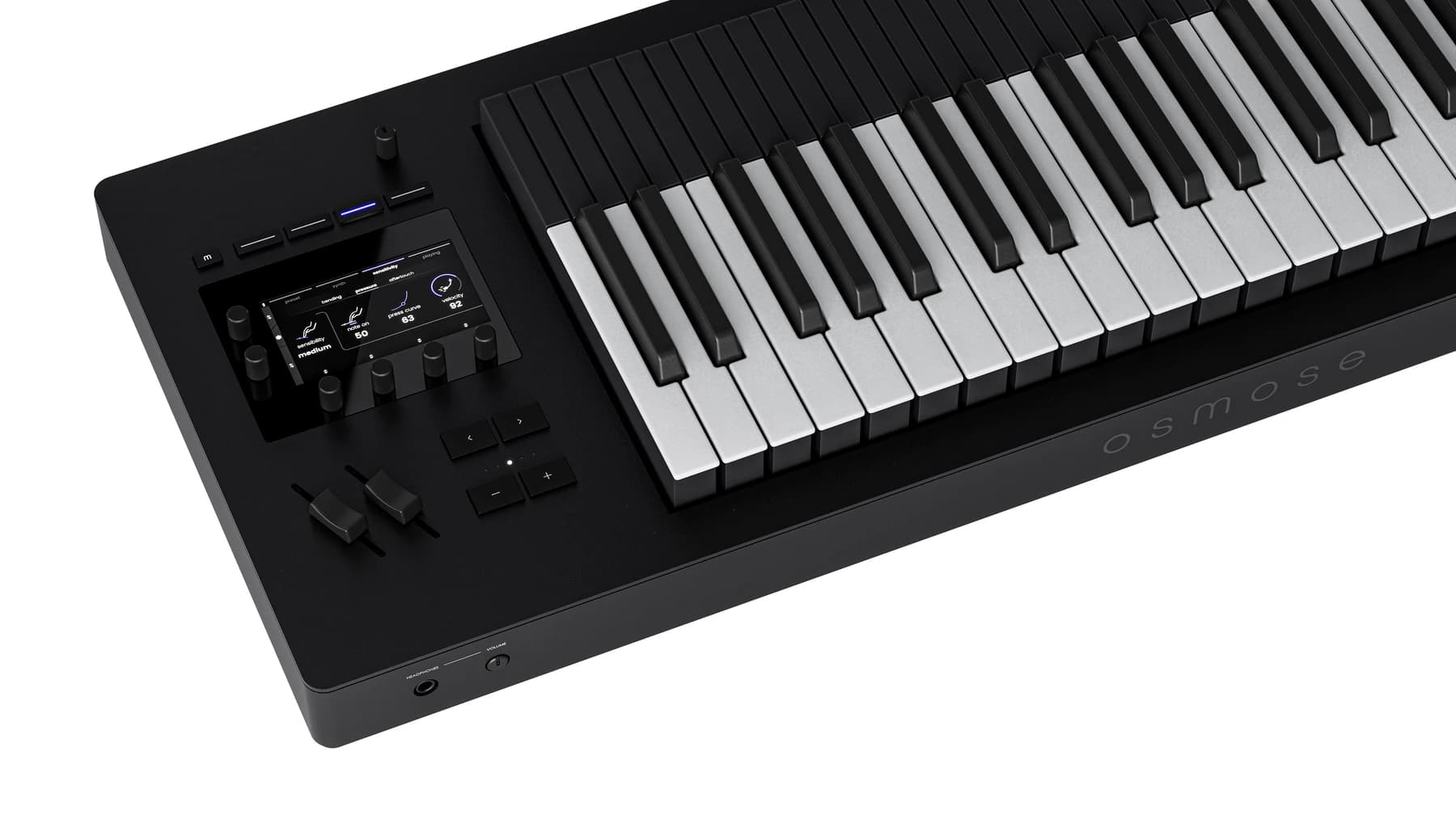 An official close product view of the original black Expressive E Osmose, with white and black keys, control knobs, wheels and the onboard screen visible against white.