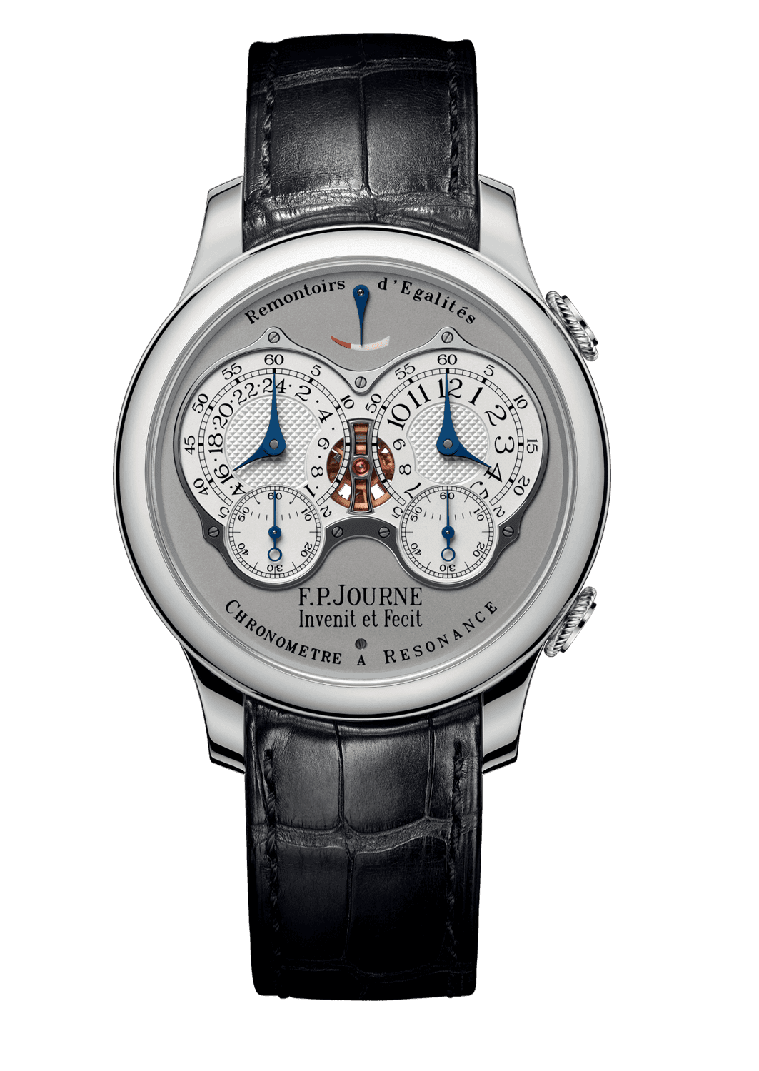 A current F.P. Journe Chronomètre à Résonance with two time displays against a dark background.