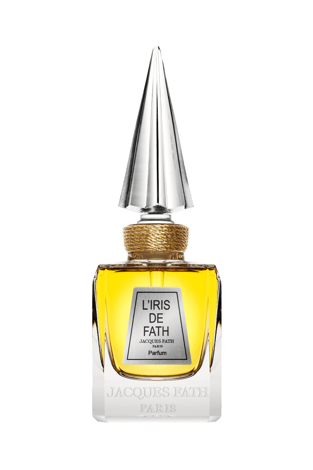 L’Iris de Fath flacon with a tall faceted stopper and gold-coloured neck cord.