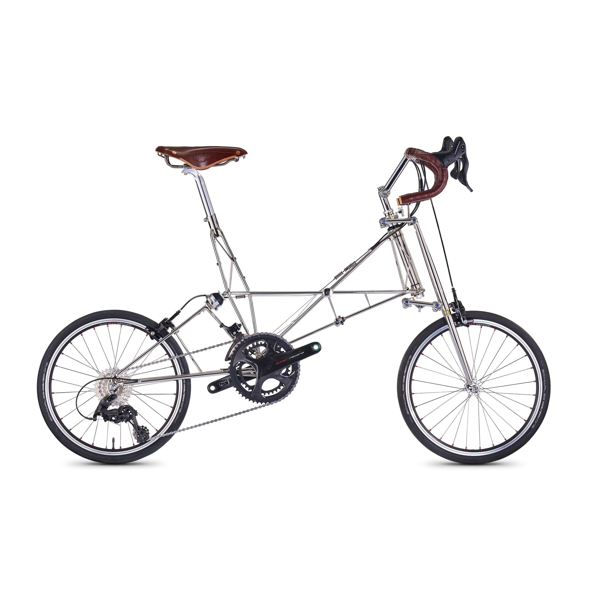 A silver Moulton NS D-Pylon bicycle in exact side profile against a pale studio background.