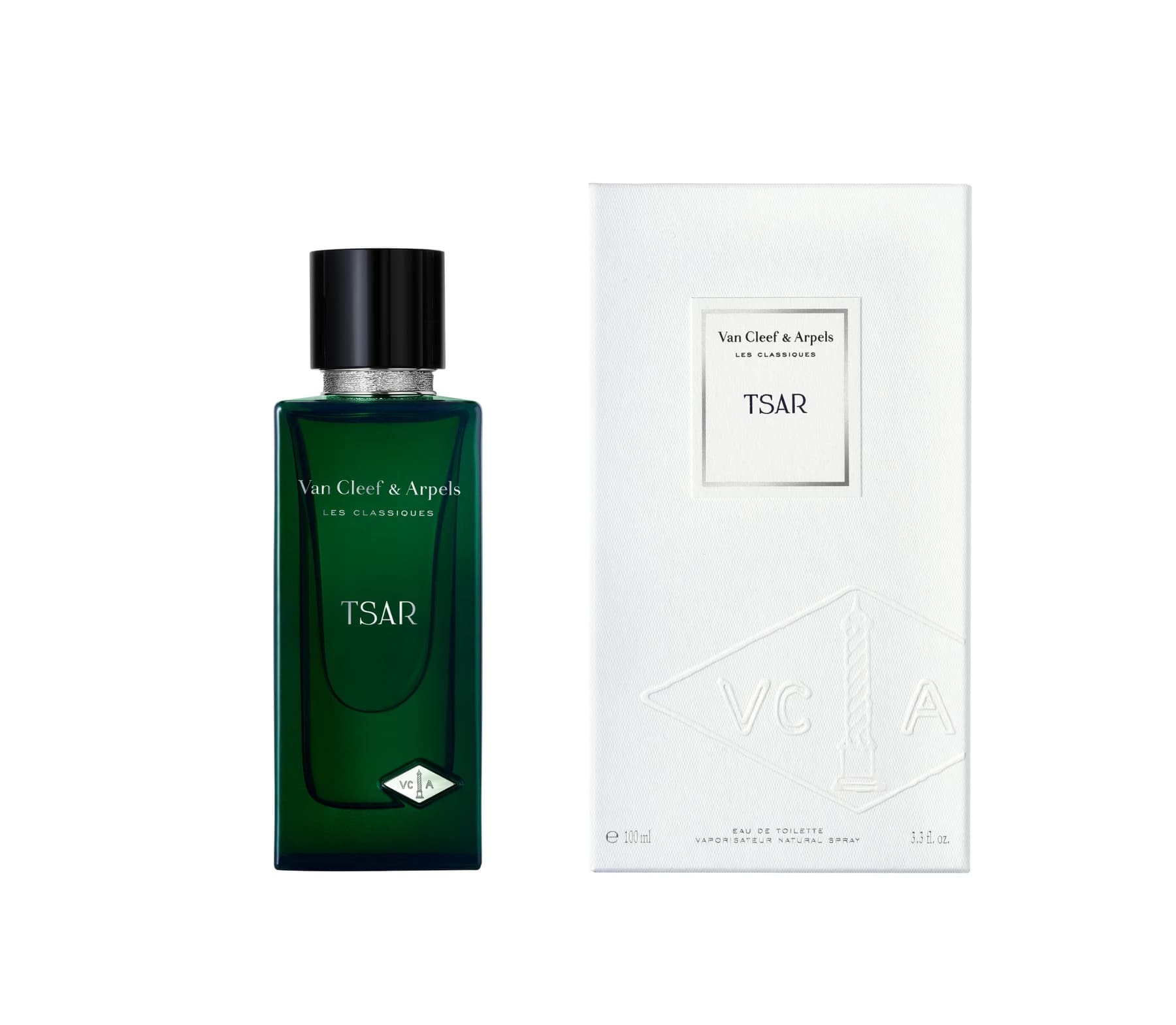 A green Van Cleef & Arpels Tsar perfume bottle beside its pale Les Classiques presentation box against a white background.