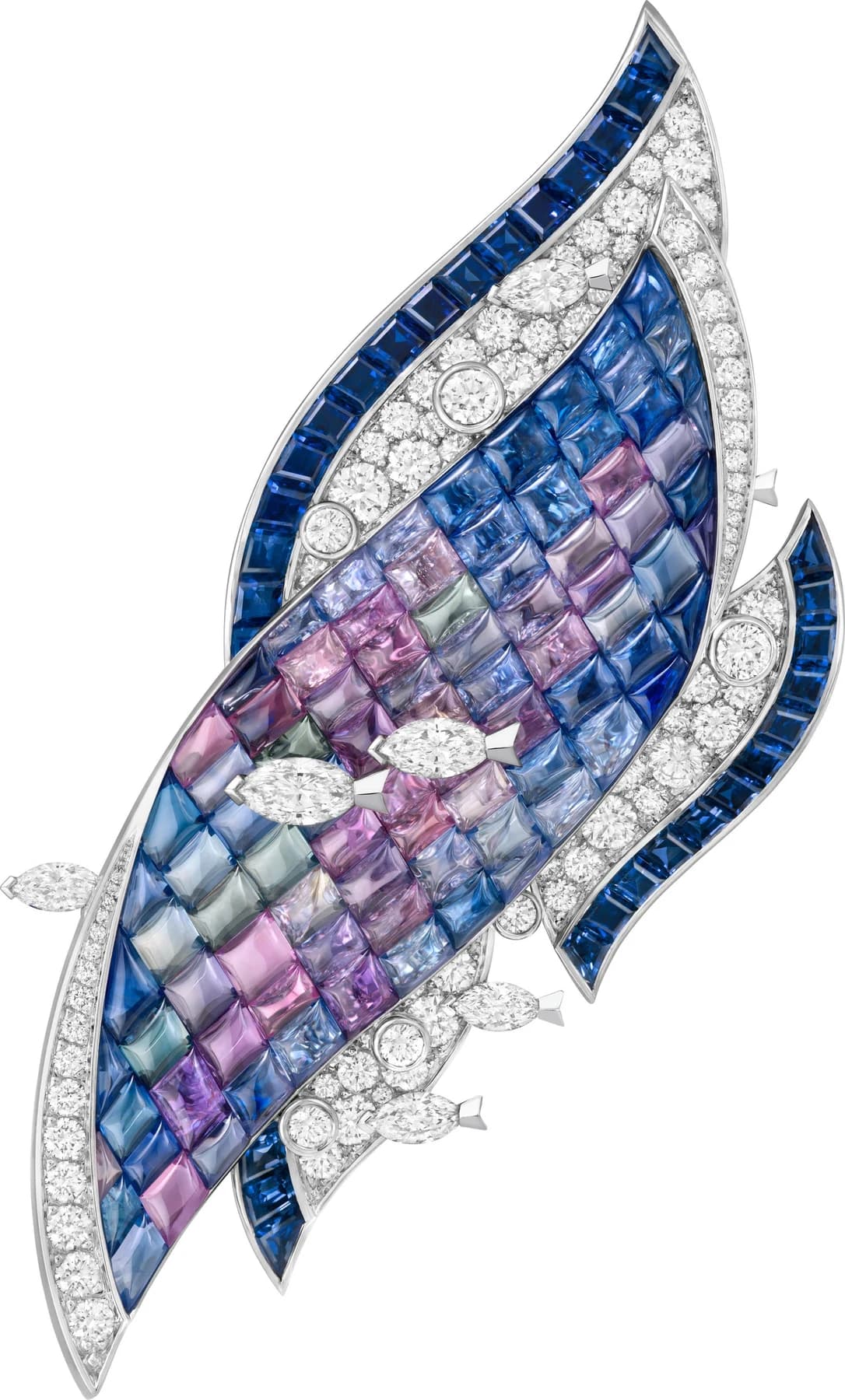 Van Cleef & Arpels’ Poissons Mystérieux clip, with blue and purple sapphire waves and small diamond fish, shown against white.