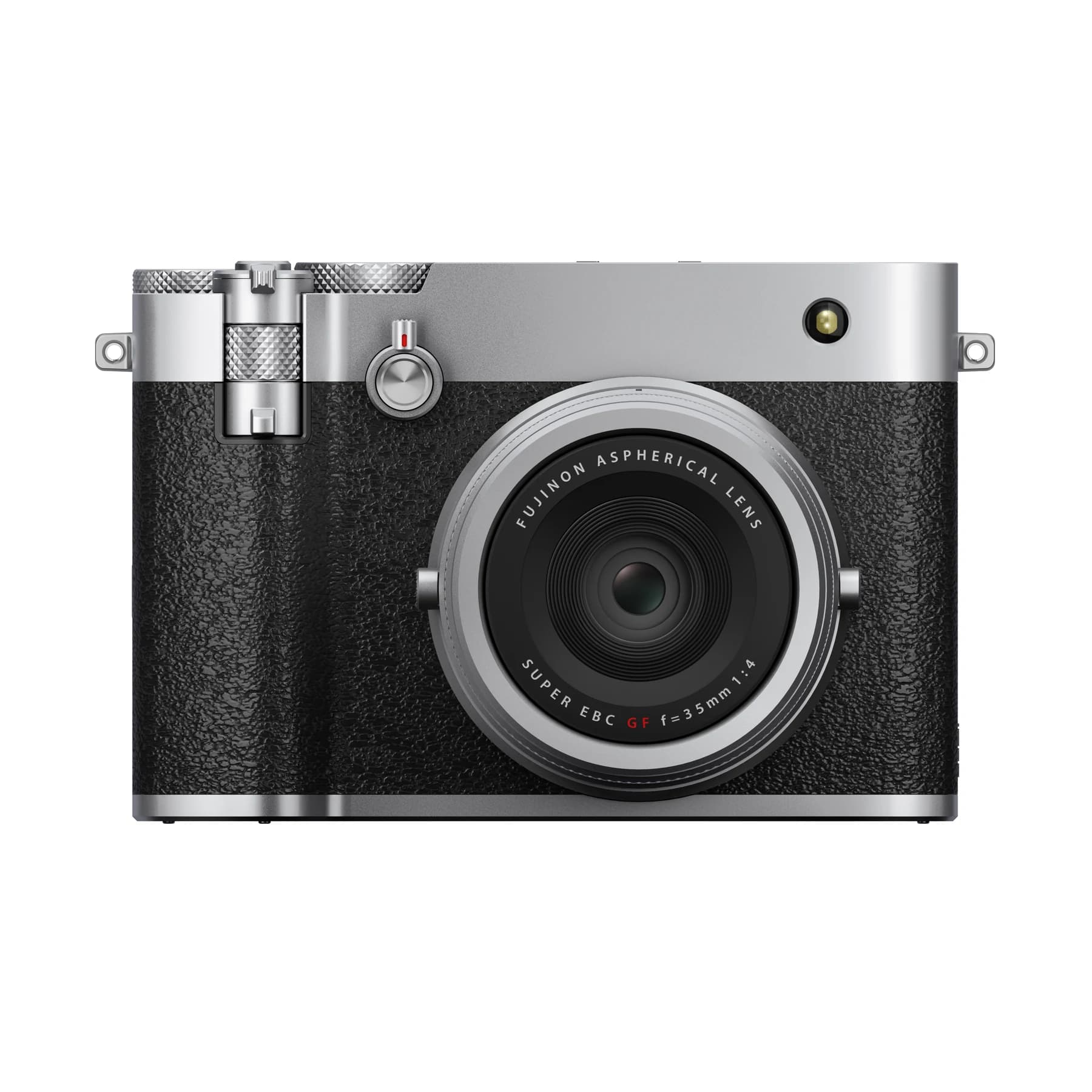 A silver Fujifilm GFX100RF camera viewed from the front against white, showing its fixed lens, black textured body and silver top controls.