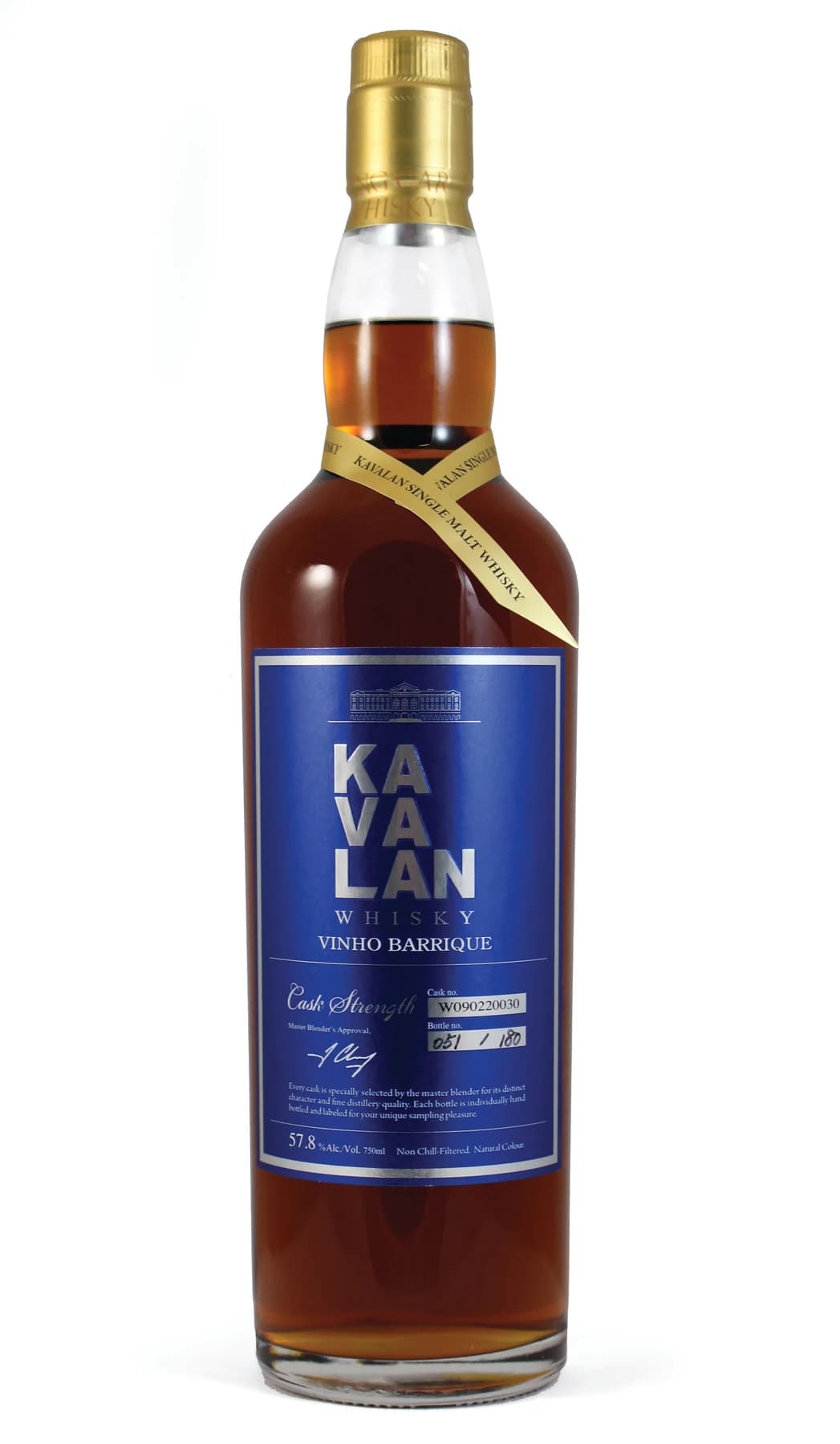 A full Kavalan Vinho Barrique Cask Strength bottle with a blue label and gold cap, showing US-market packaging and an individually numbered cask label.