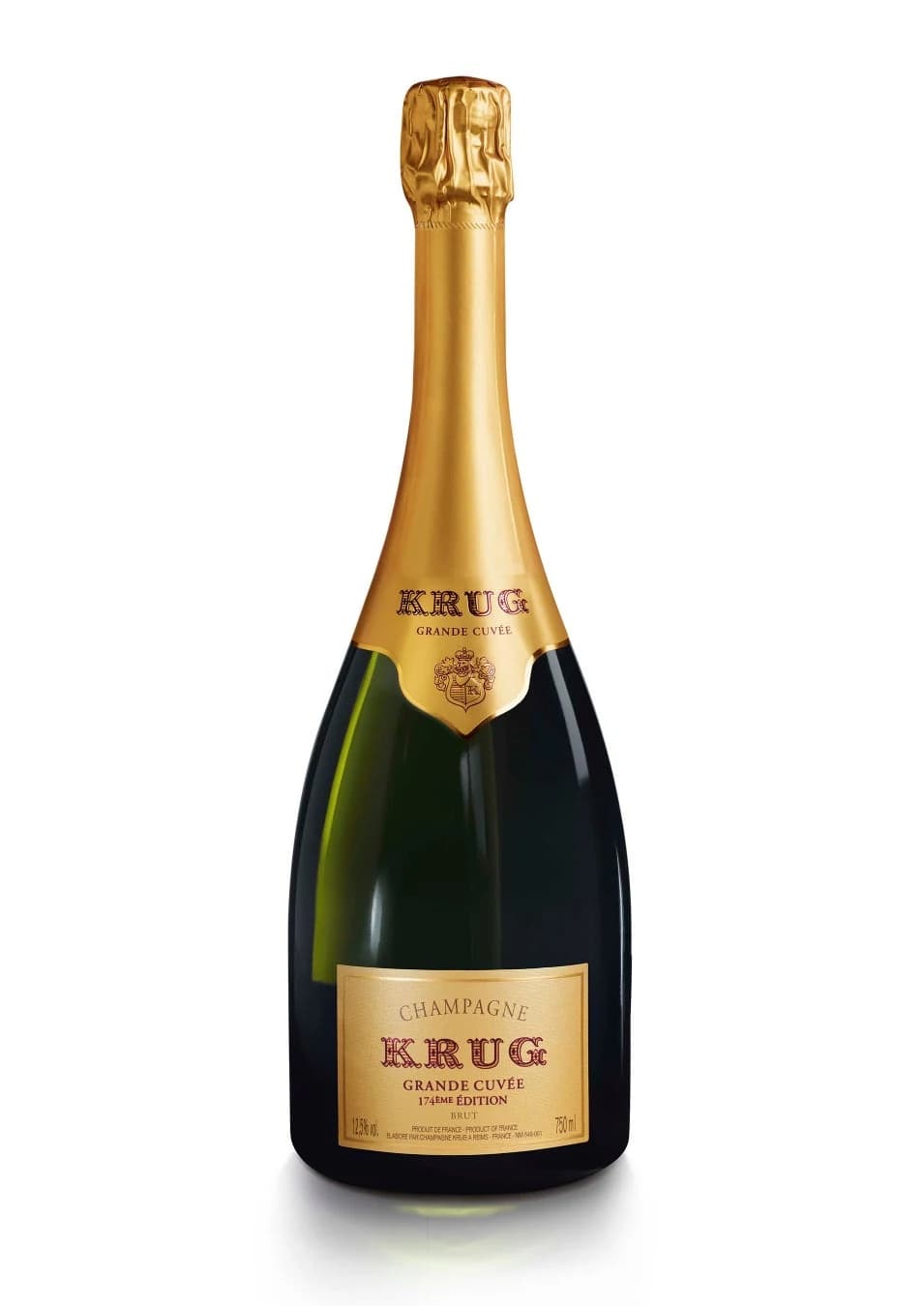 A complete Krug Grande Cuvée Champagne bottle on white, with gold foil and a front label identifying 174ème Édition.