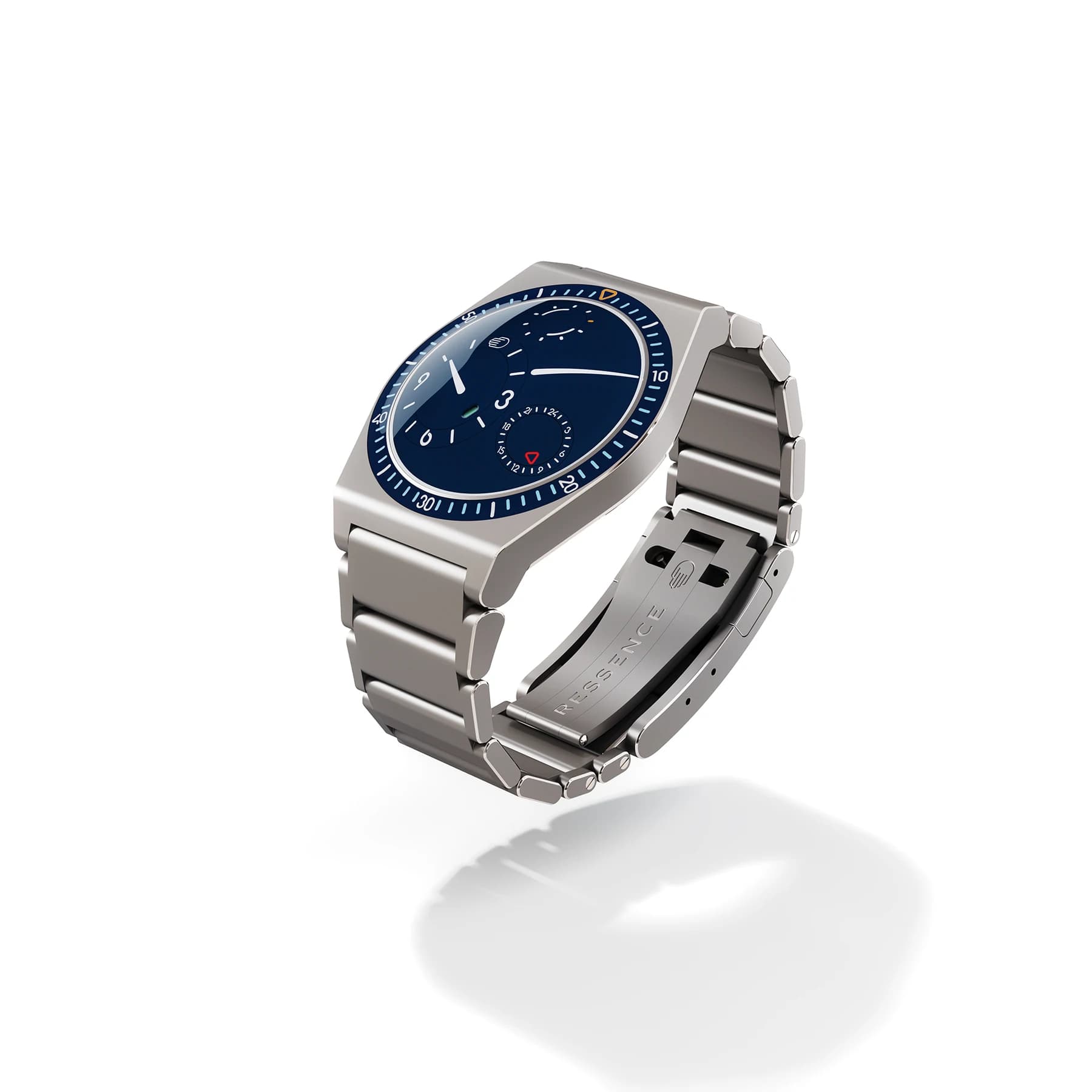 A blue-dial Ressence TYPE 7 N watch on its titanium bracelet, shown at an angle against a white background with its rotating indications visible.