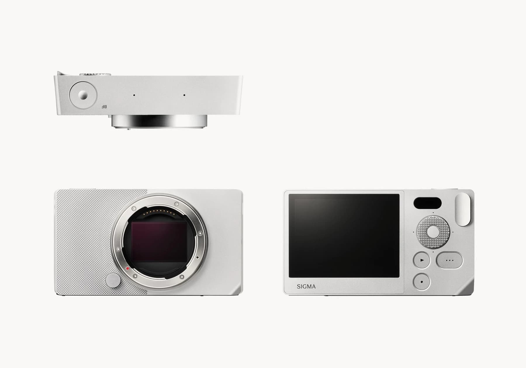 Three official views of the silver Sigma BF camera body on a pale background, showing its top, open lens mount, screen and compact controls.