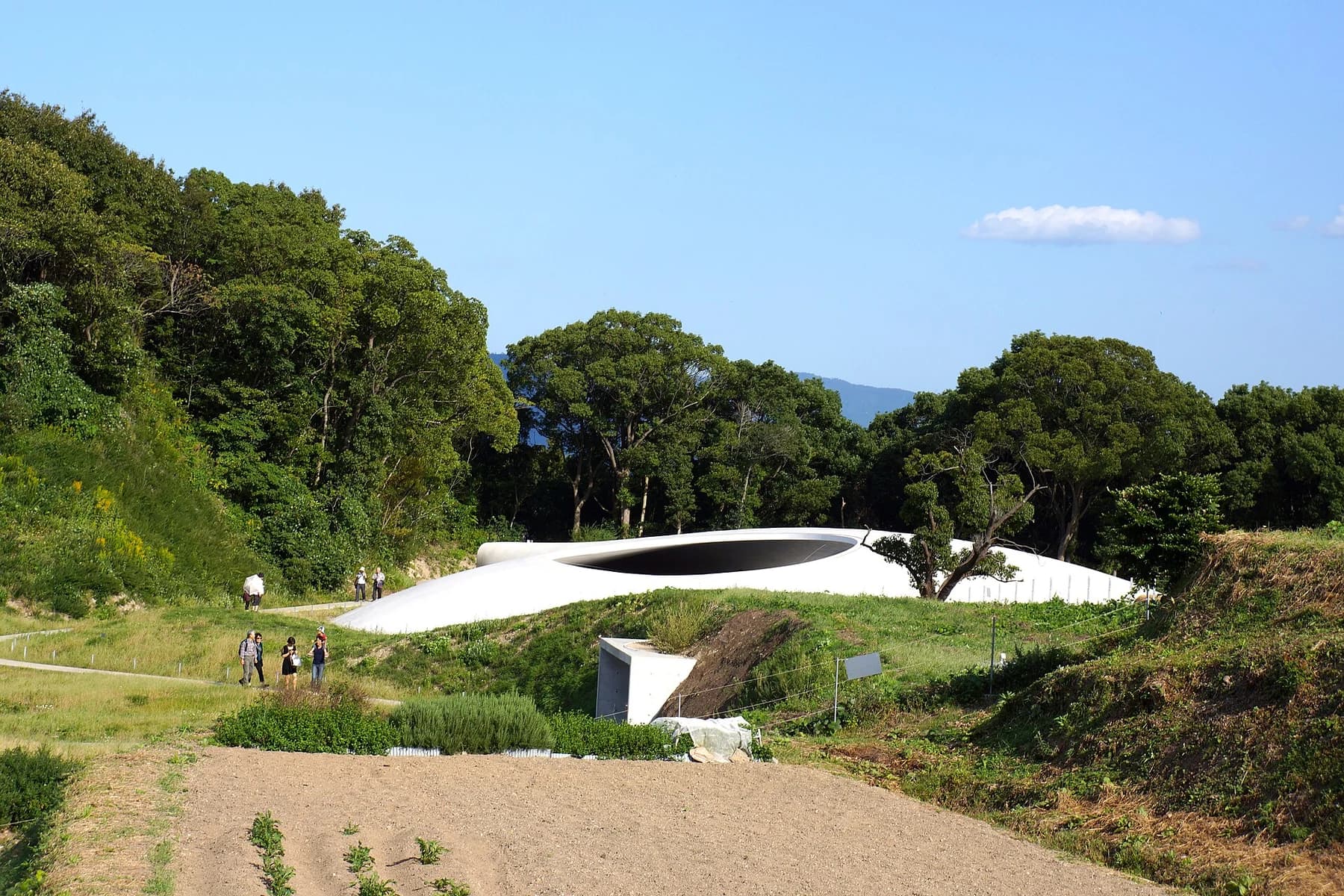 The low white shell of Teshima Art Museum among green trees and terraced ground, with an oval opening visible beneath a blue sky.