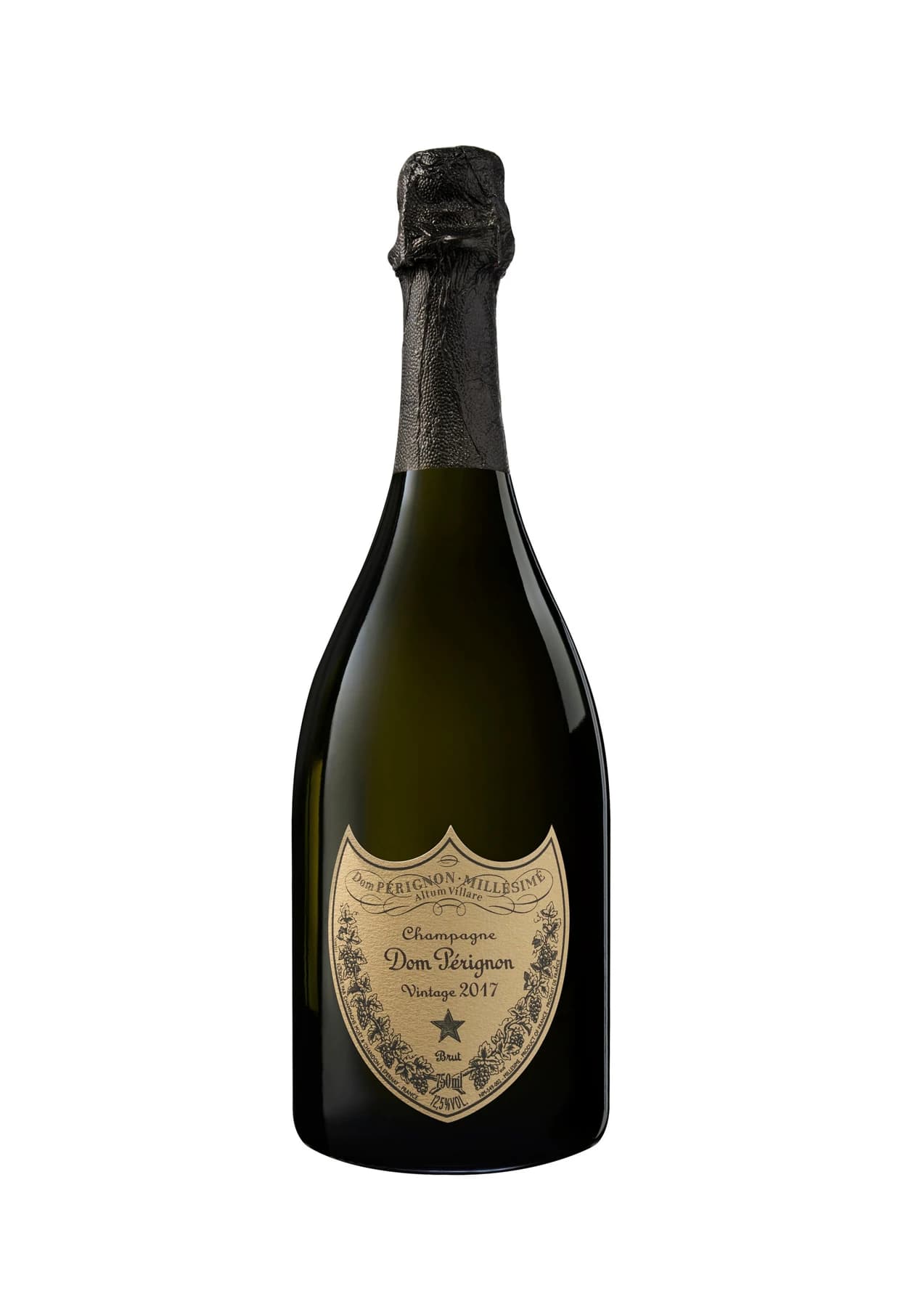A bottle of Dom Pérignon Vintage 2017 white Champagne against a white background, with the shield-shaped vintage label and dark foil capsule visible.