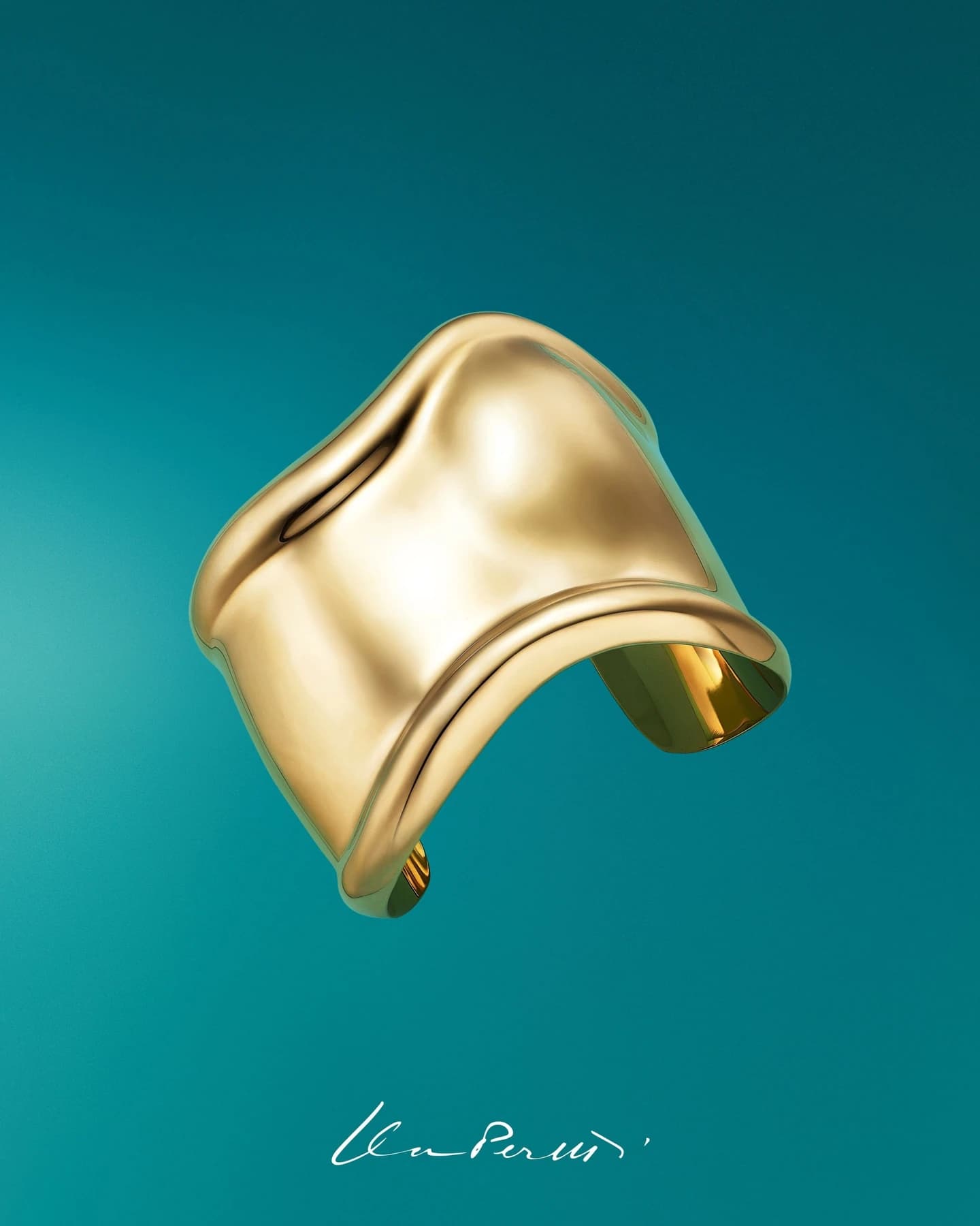 An Elsa Peretti gold Bone Cuff shown against a turquoise background, with its raised anatomical contour and open curved form clearly visible.
