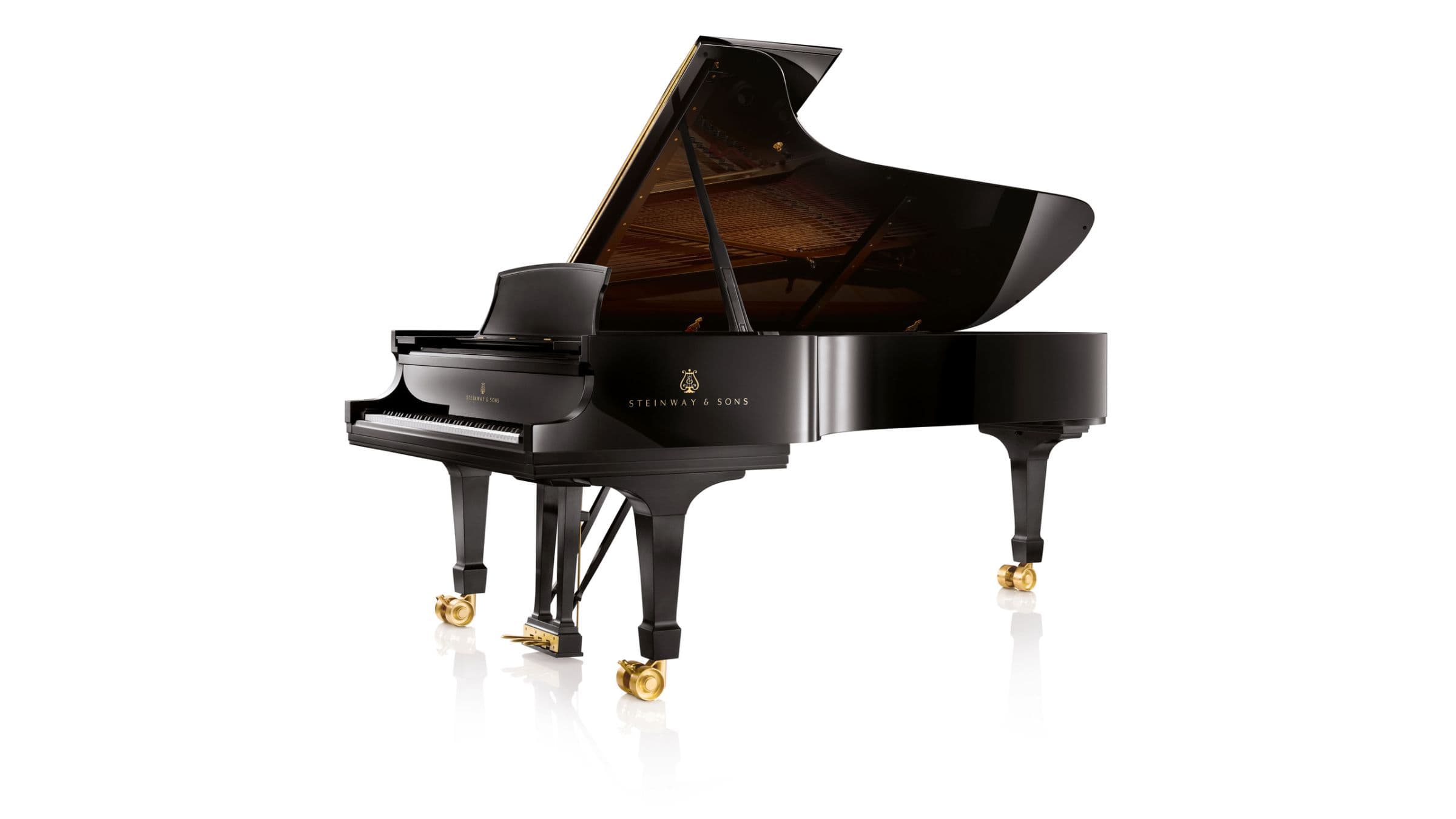 A black Steinway Model D concert grand piano with its lid raised against a white background.