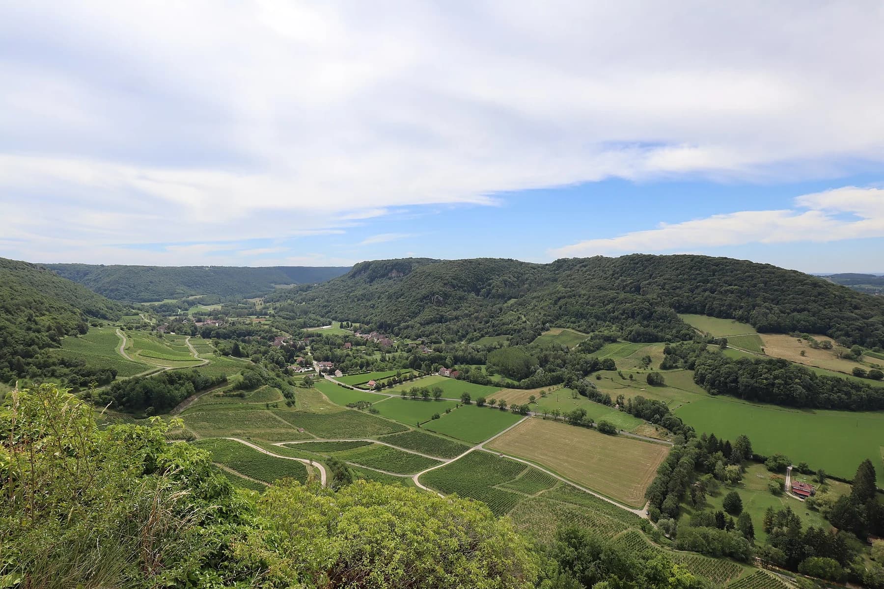 A broad view over the green vineyard parcels and wooded hills of Château-Chalon in the Jura beneath a partly cloudy sky.