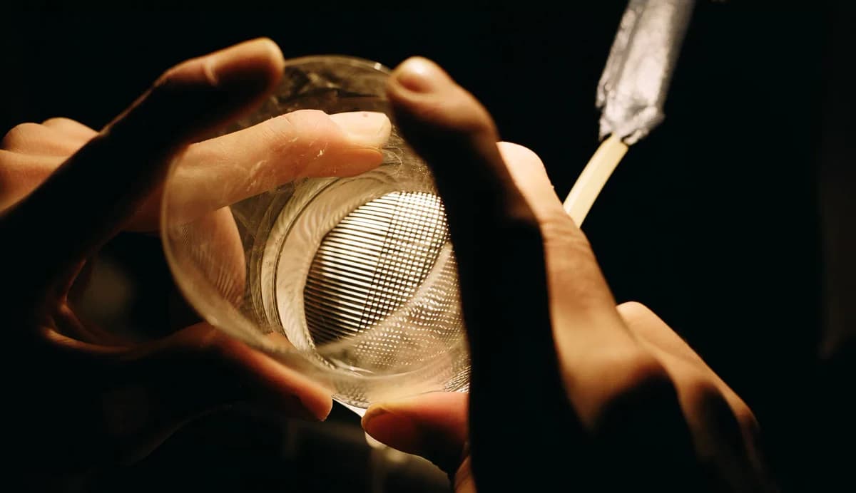 Hands hold a glass while a light reveals the closely cut pattern in its base.