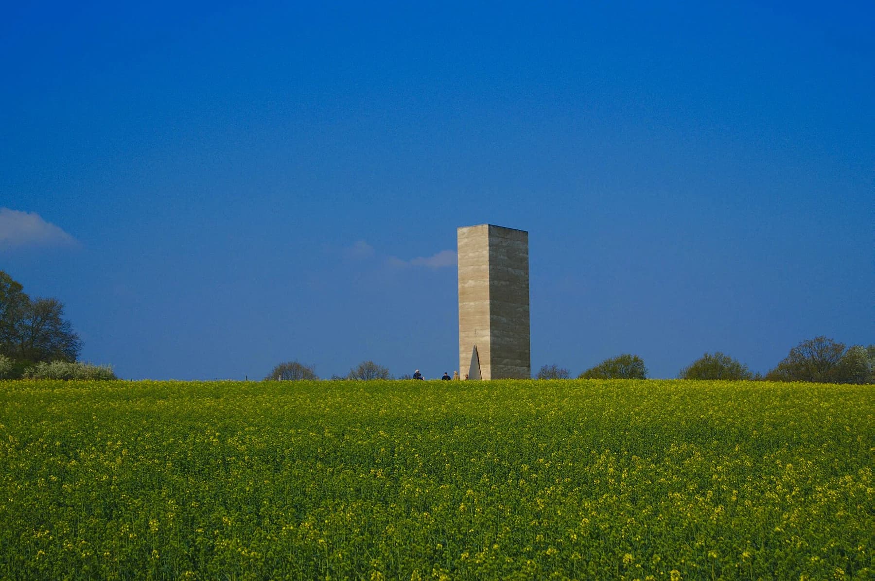 The tall, simple concrete Bruder Klaus chapel by Peter Zumthor in a green flowering field beneath a broad blue sky near Wachendorf, with small trees on the horizon.