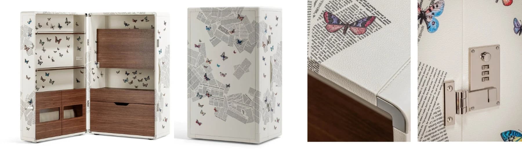 The supplier’s composite showing Isidoro Ultime Notizie open with shelves and drawers, closed with butterfly-and-newsprint leather, and a detail of its printed surface.