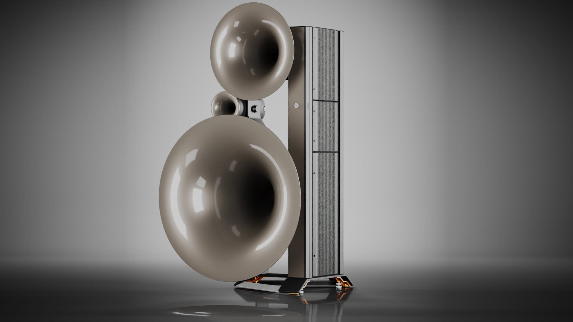 Three pale horn loudspeakers and a tall bass enclosure in Avantgarde Acoustic’s TRIO presentation.