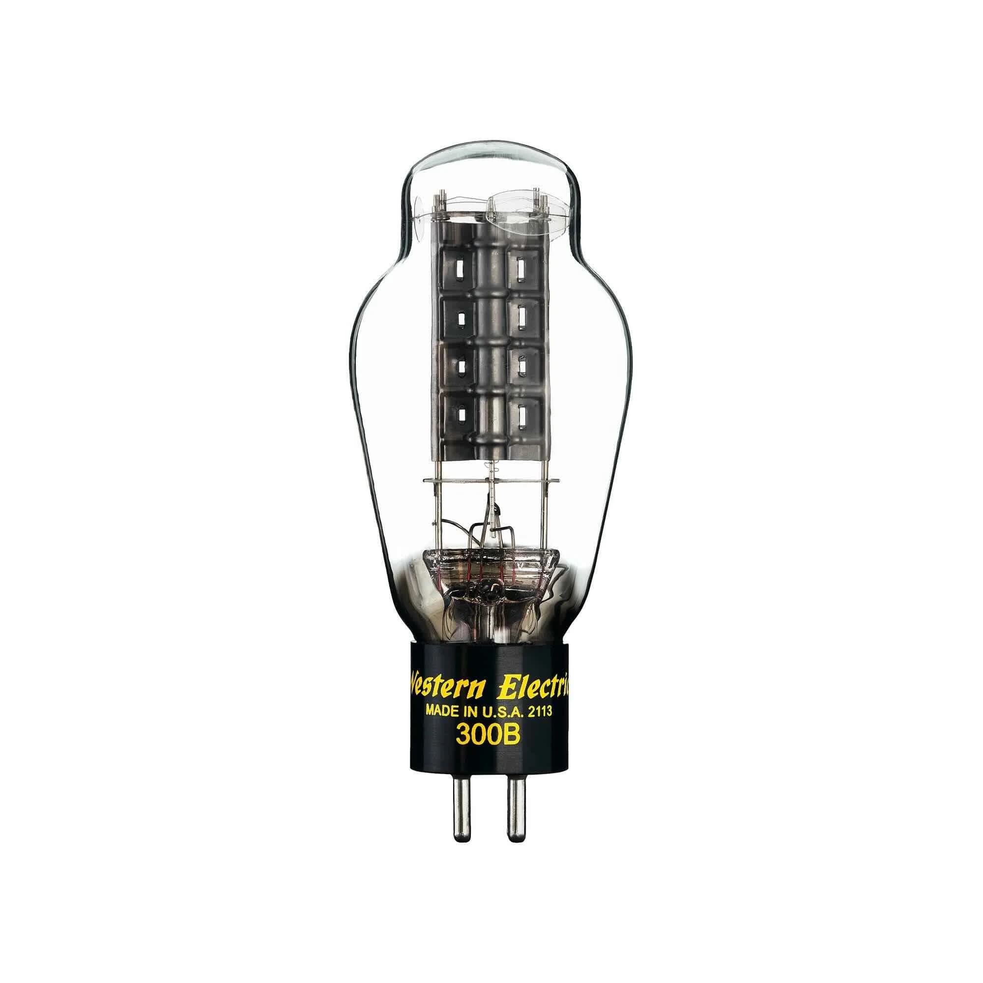 A Western Electric 300B electron tube isolated against white, showing the internal plate structure and four-pin base.