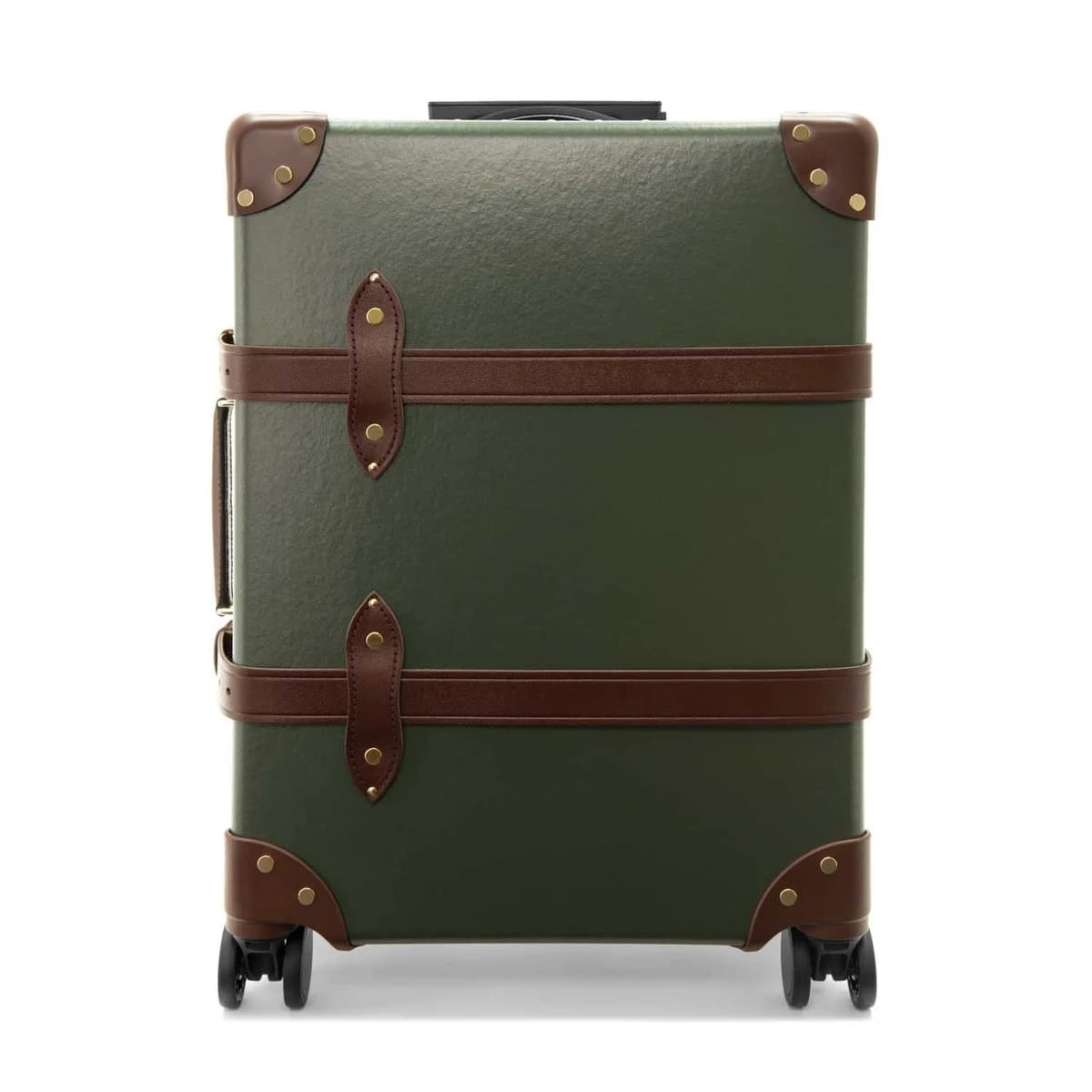 A green four-wheel Globe-Trotter carry-on case with brown leather corners and straps.