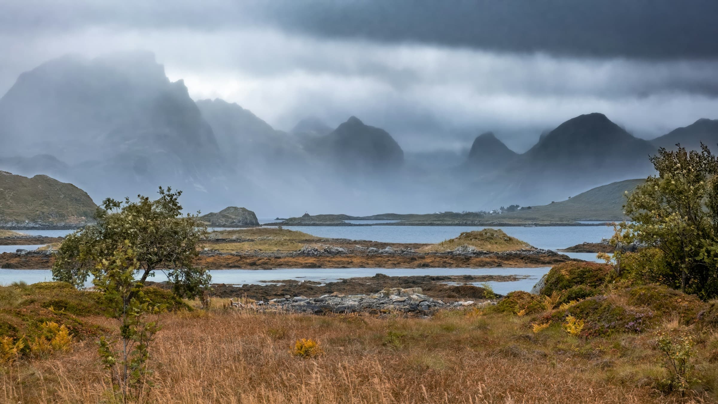 Cloud and mountain ridges above the water near Fredvang, Lofoten.